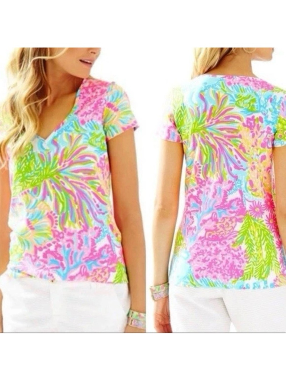 NWT Lilly Pulitzer Michele top More Lovers Coral V-neck Tee Sz XS